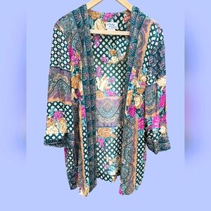 VINTAGE LADY CAROL OF NEW YORK FLORAL DRESS OPEN FRONT GREEN CARDIGAN TOP